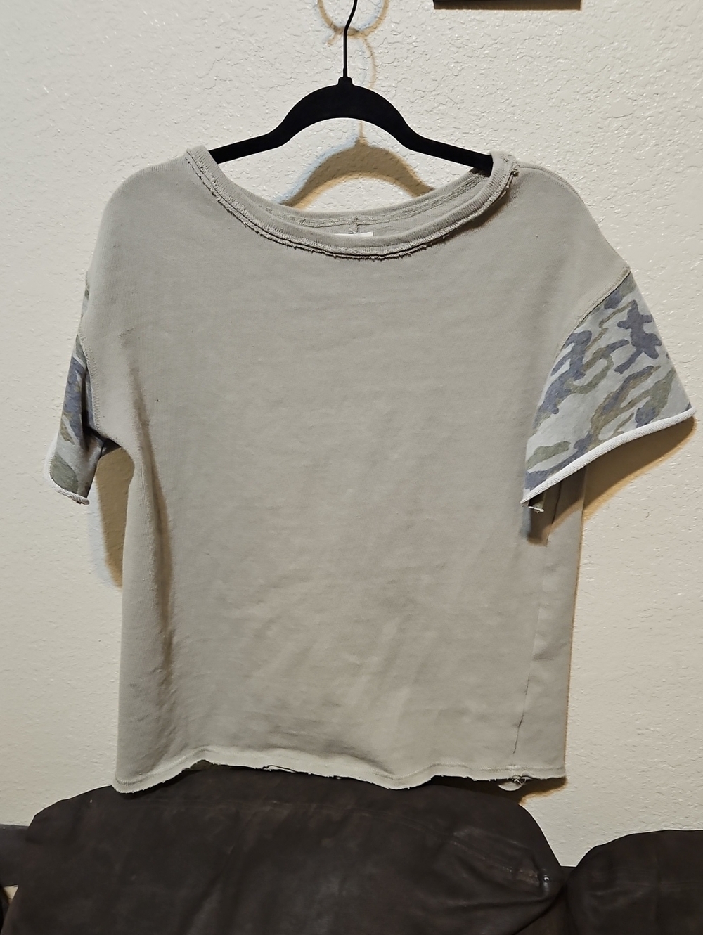 Women's Short Sleeve Crew Neck Top with Camo Sleeves - Sage